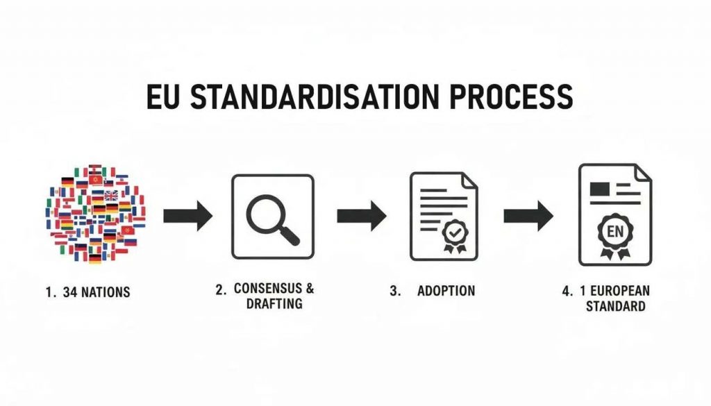 An infographic illustrating the EU standardization process from 34 nations to a single European standard.