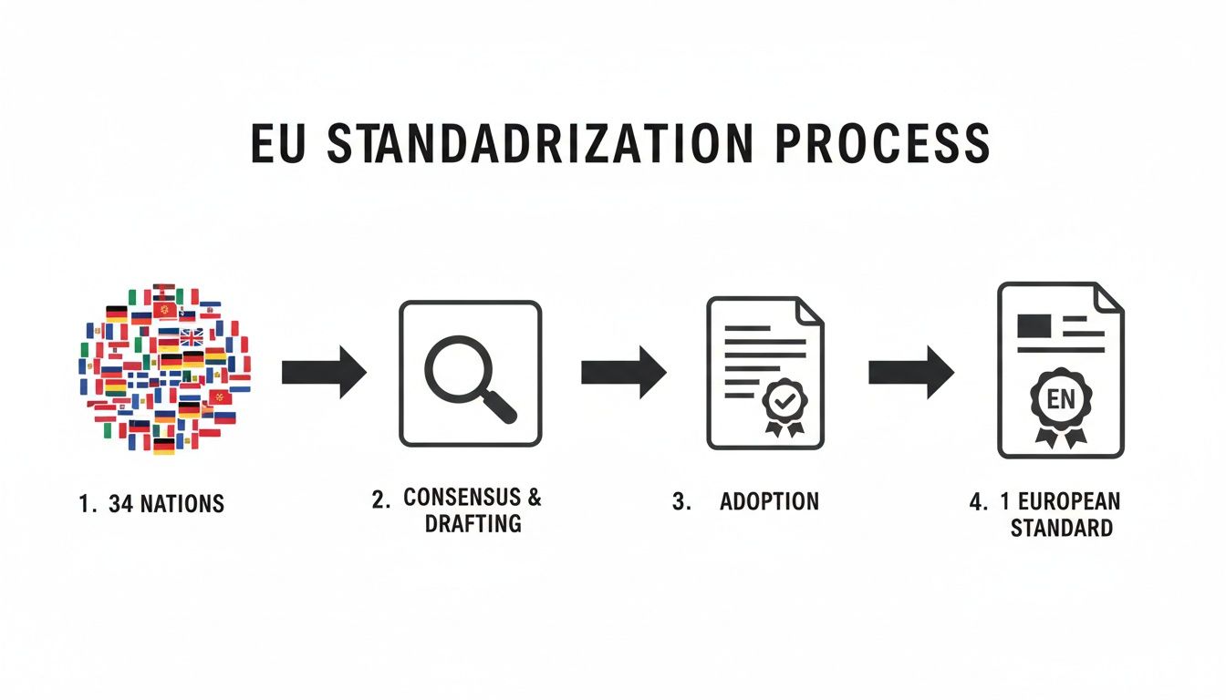 An infographic illustrating the EU standardization process from 34 nations to a single European standard.