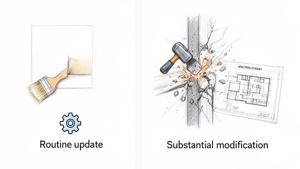 Illustrations showing a routine update with a paintbrush and a substantial modification with a hammer and blueprints.