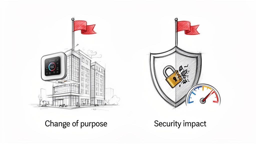 Two illustrations: a smart device on a building for 'Change of purpose' and a broken lock for 'Security impact'.