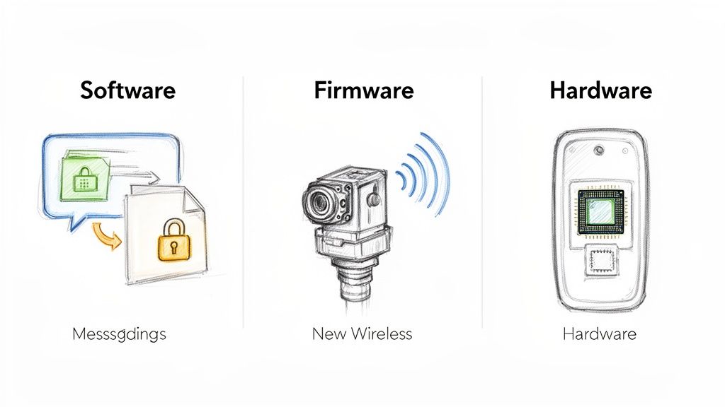 Illustrations showing software with secure messages, firmware with a wireless camera, and hardware with a phone and chip.