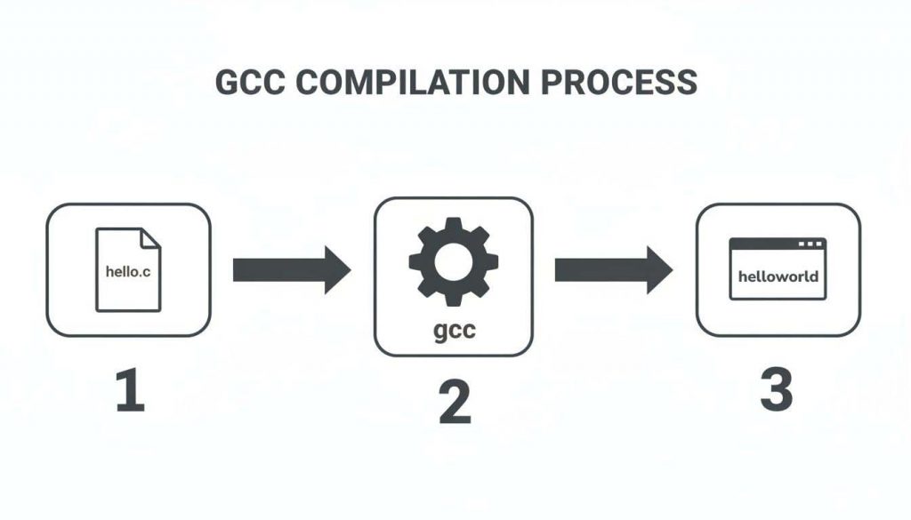 Diagram illustrating the GCC compilation process from a hello.c source file through the gcc compiler to a 'helloworld' executable