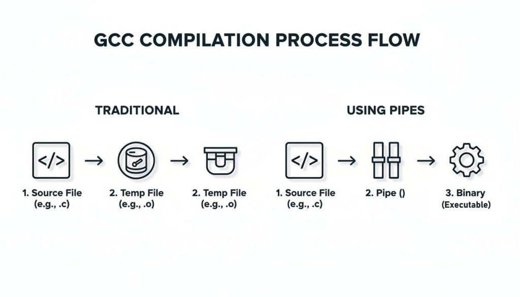 Flowchart illustrating the GCC compilation process, comparing traditional methods with intermediate files versus direct piping to create an executable.