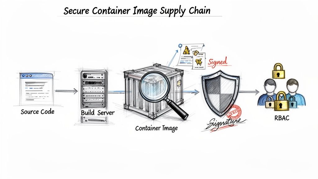 Diagram illustrating the secure container image supply chain from source code to build, scanning, signing, and RBAC.