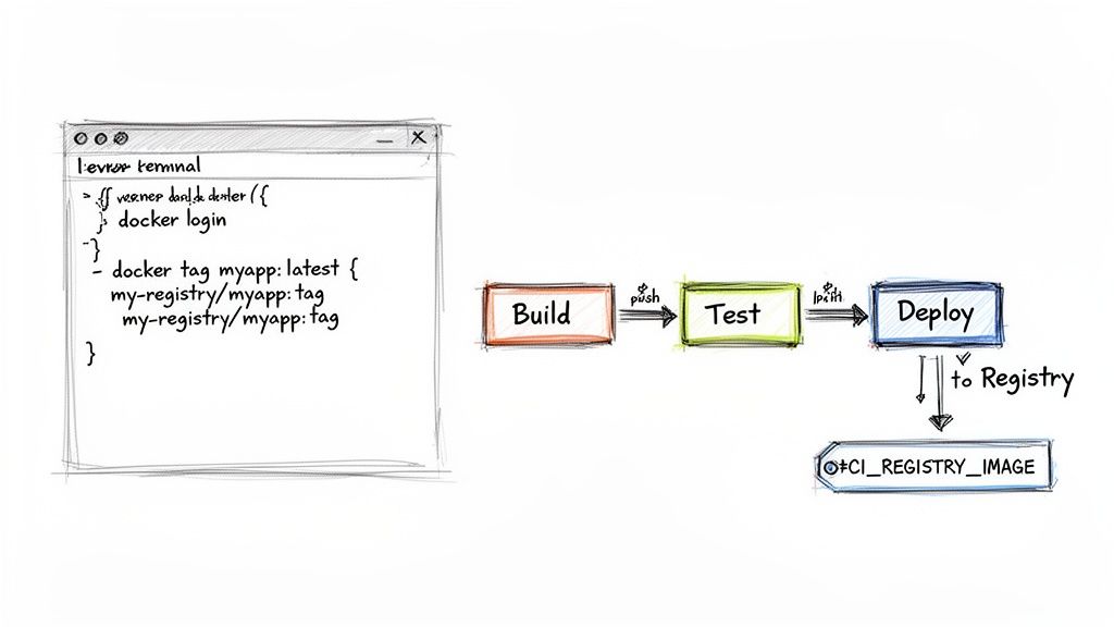 A sketch showing a CI/CD pipeline diagram with Build, Test, Deploy stages, and Docker commands for container image management with a registry.