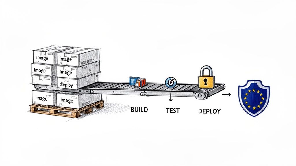 Container images move through a pipeline: build, test, secure deploy, ending with an EU shield.