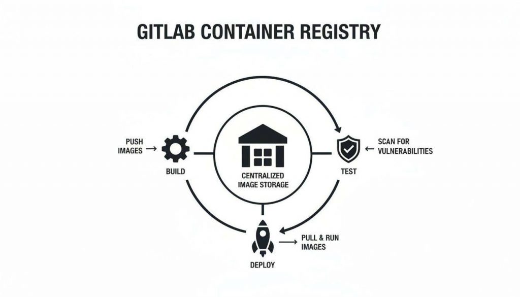 Diagram illustrating the GitLab Container Registry workflow for building, storing, testing, and deploying container images, including vulnerability scanning.