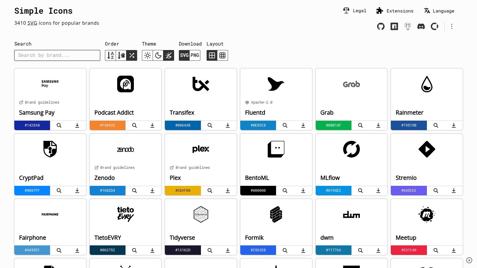 Simple Icons website showing a grid of brand logos