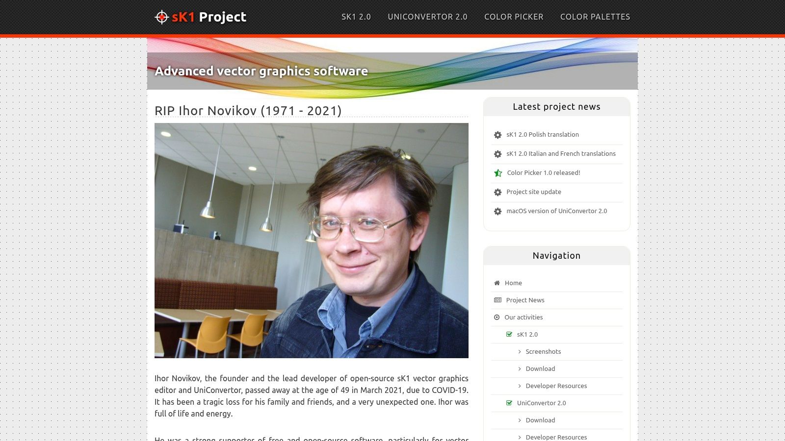 sK1 project website showing its features and download options