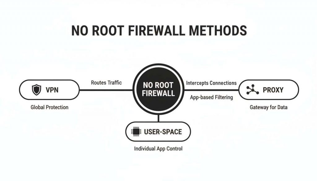 Diagram illustrating no root firewall methods, including VPN for global protection, proxy for app-based filtering, and user-space for individual app control