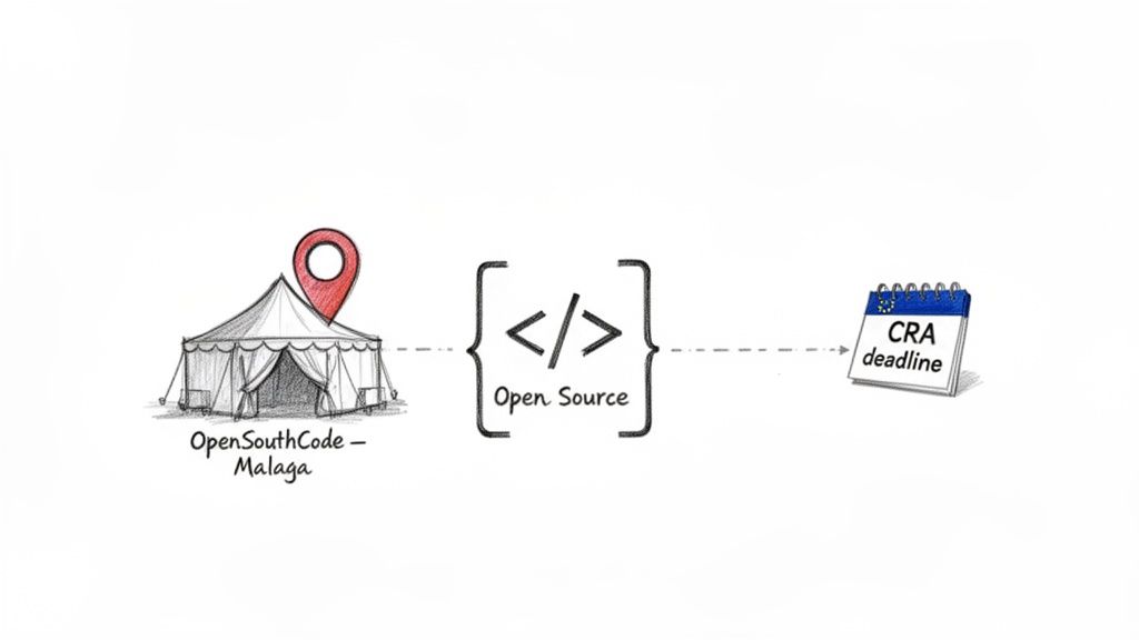 An illustration connecting OpenSouthCode Malaga, open source development, and the CRA deadline.