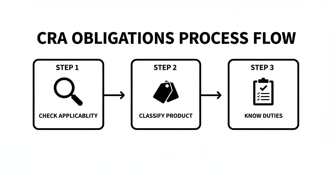 A three-step process flow diagram illustrating CRA obligations: check applicability, classify product, and know duties.