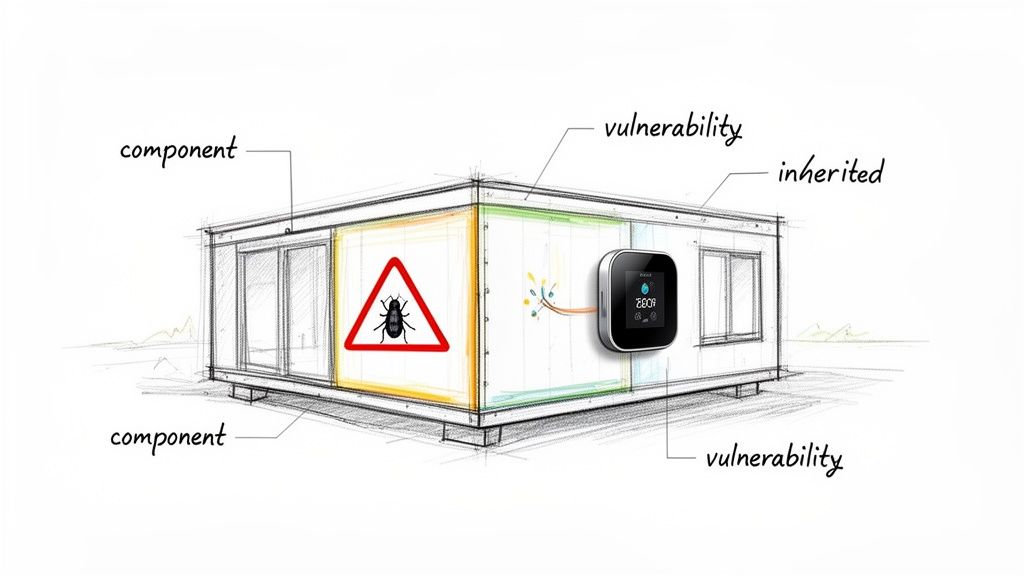 A sketch of a modular building with labels 'component', 'vulnerability', 'inherited', and a bug warning sign.