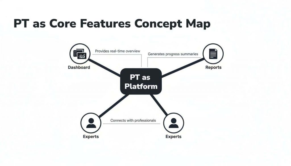 PTA as platform core features concept map showing dashboard, reports, and experts providing real-time overview and summaries
