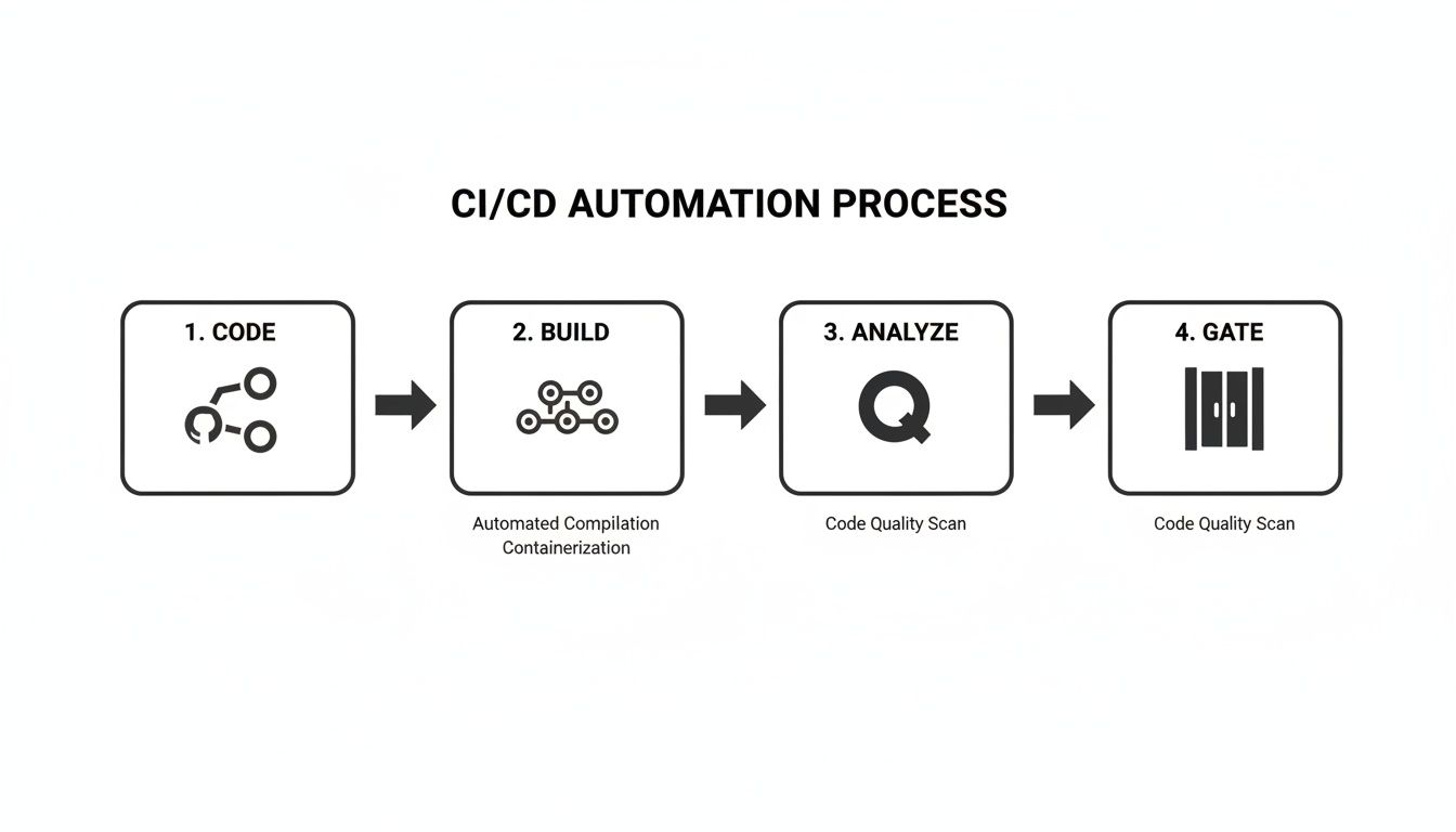 CI/CD automation process flow illustrating steps for code, build, analyze, and quality gate.