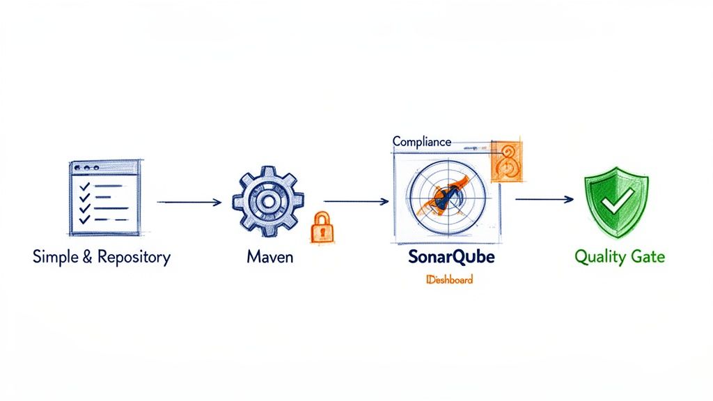A diagram illustrating a software quality workflow from repository to quality gate, using Maven and SonarQube.