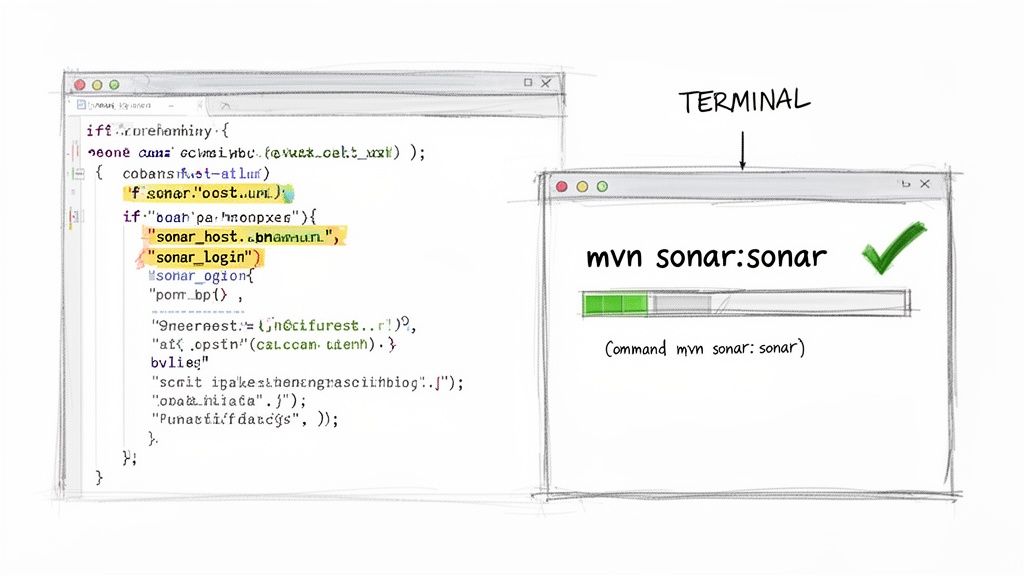 Illustration showing SonarQube configuration in code editor and successful Maven Sonar command in terminal.