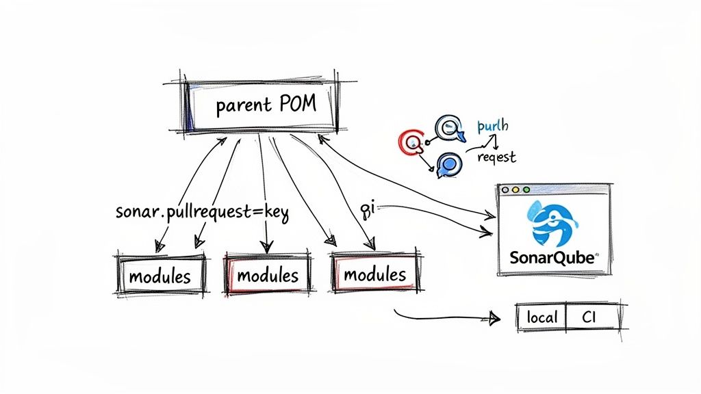 Diagram illustrating SonarQube integration with Maven projects, showing parent POM, modules, pull requests, and CI/local analysis.