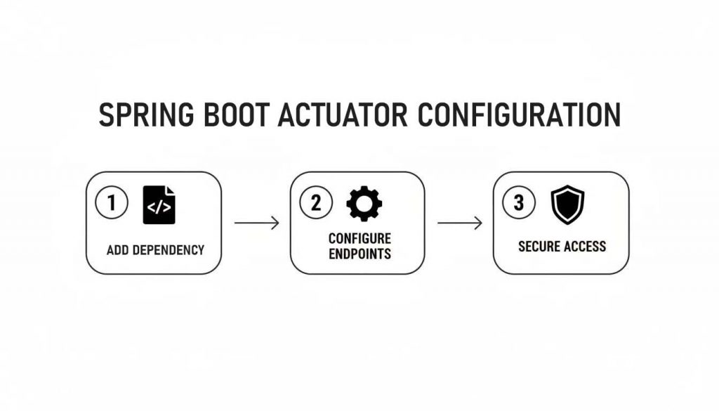 Flowchart showing three steps for Spring Boot Actuator configuration: add dependency, configure endpoints, and secure access.
