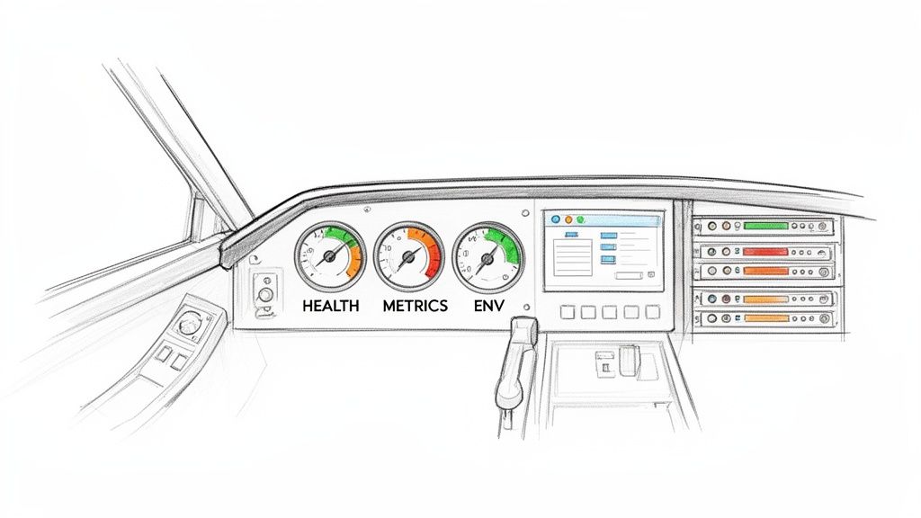 Sketch of a dashboard with gauges for health, metrics, and environment status indicators.