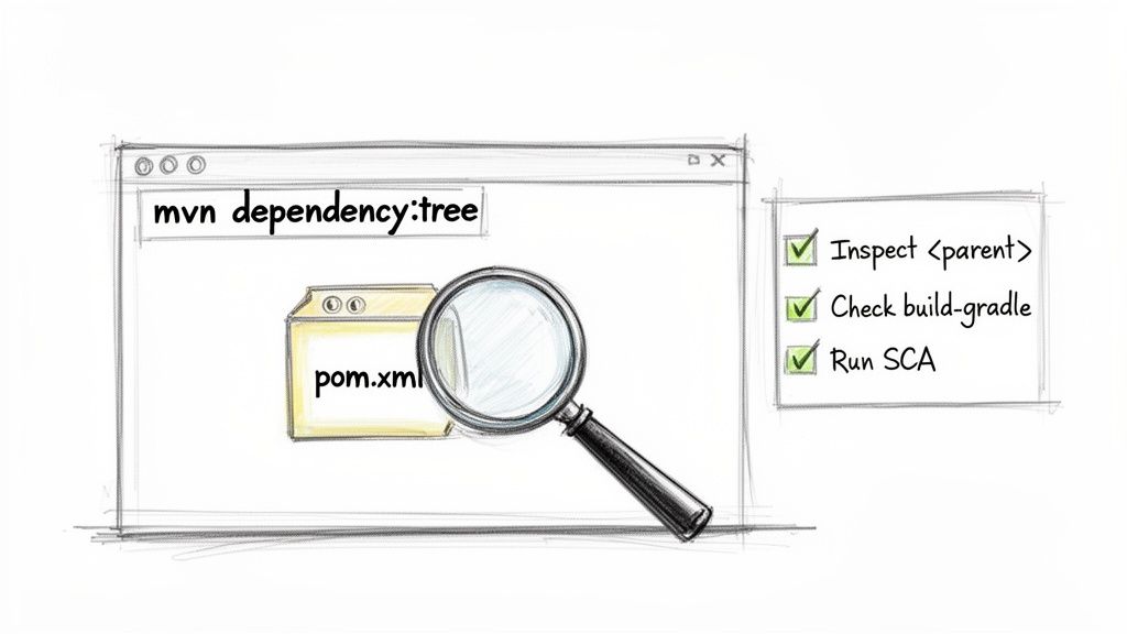 An illustration of checking Maven dependencies and build configurations for a project.
