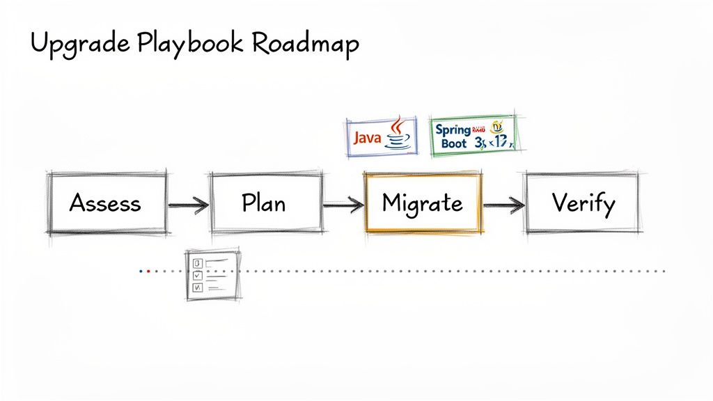 A flowchart outlining an Upgrade Playbook Roadmap with steps: Assess, Plan, Migrate (Java, Spring Boot), and Verify.