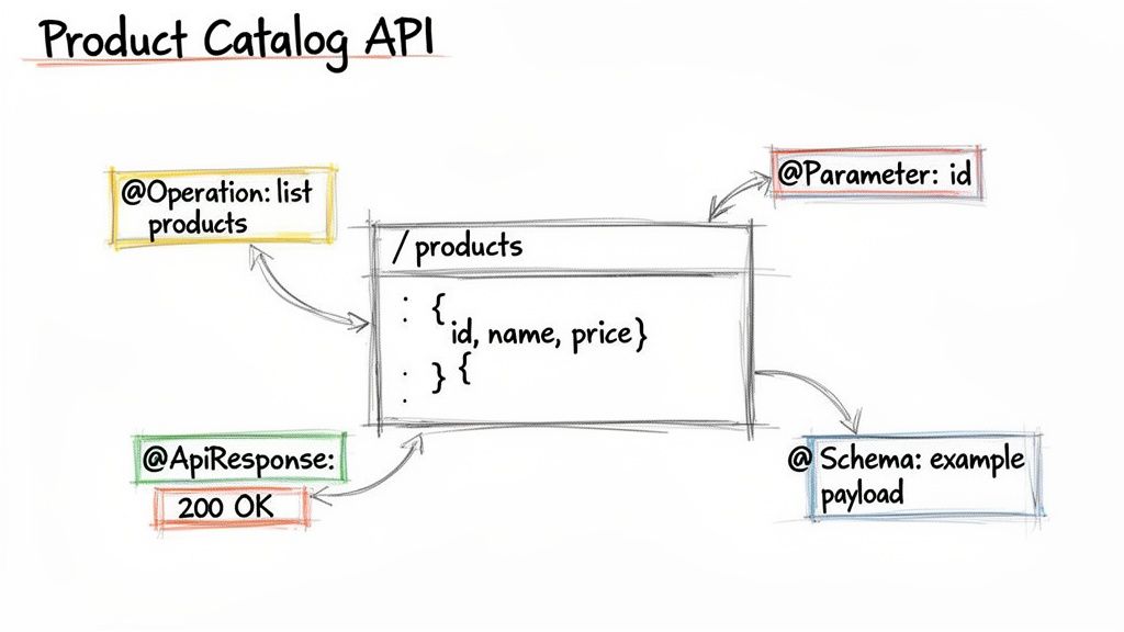 Diagram illustrating a Product Catalog API endpoint with operations, parameters, responses, and schema definition.