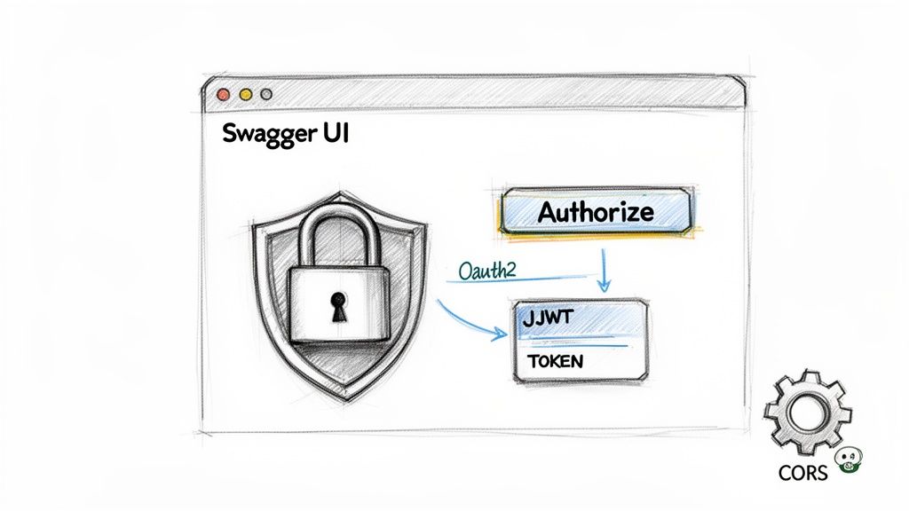 Swagger UI interface demonstrating API security concepts with OAuth2 authorization, JWT tokens, and CORS.