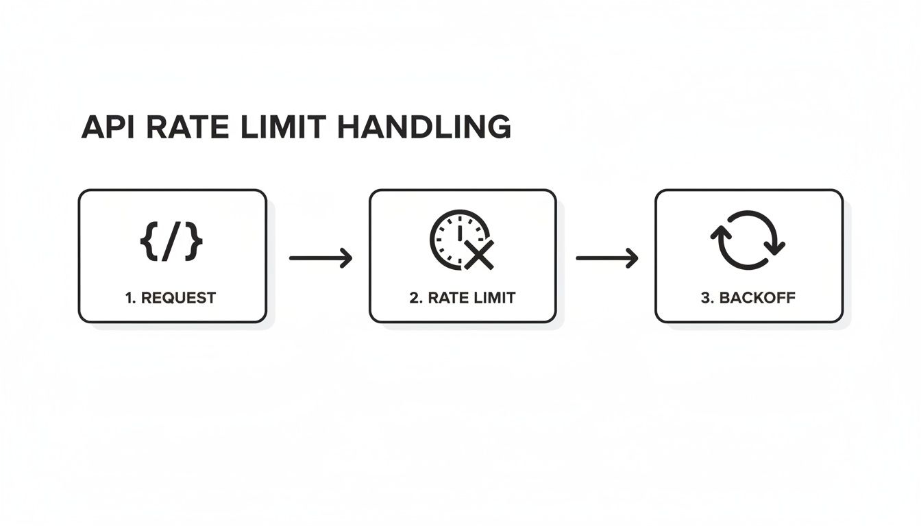 Flowchart illustrating API rate limit handling process: Request, Rate Limit, and Backoff steps.