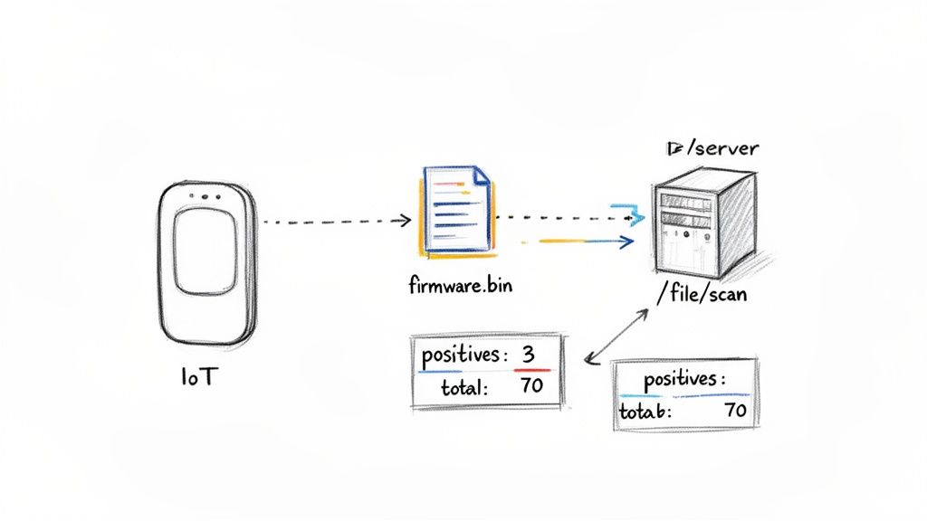 Diagram showing an IoT device sending firmware to a server for virus scanning, displaying scan results.