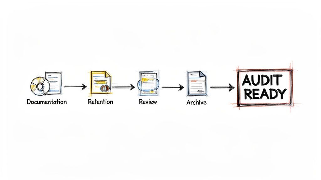 A diagram illustrating a four-step process for achieving audit readiness, including documentation, retention, review, and archiving stages.