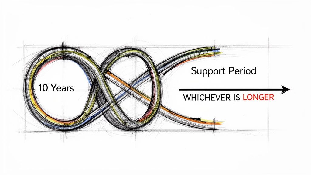 A conceptual diagram showing an infinity loop shape with the text 10 Years and Support Period Whichever Is Longer.