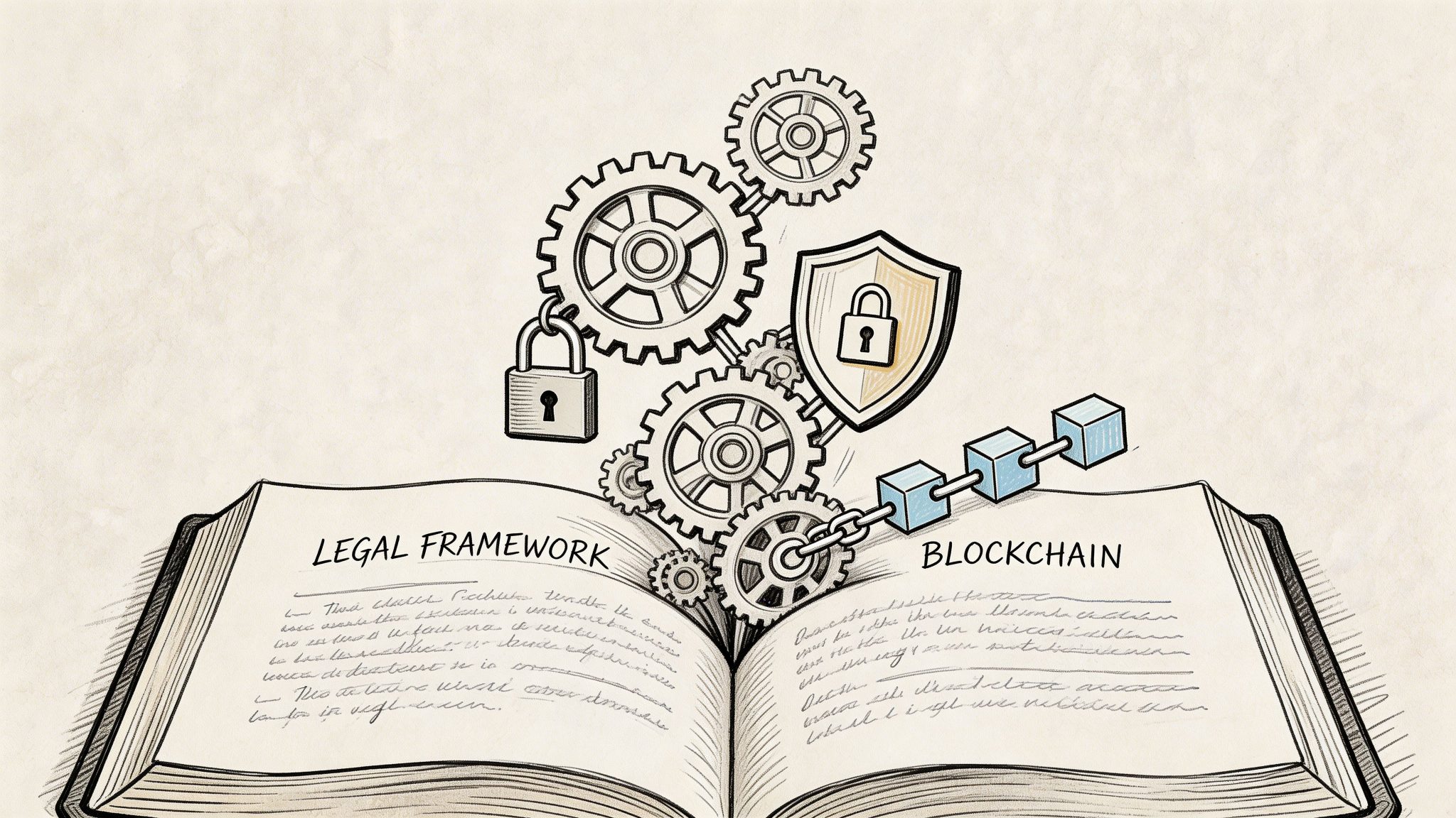 An illustration showing gears, a padlock, and a blockchain chain emerging from an open law book.