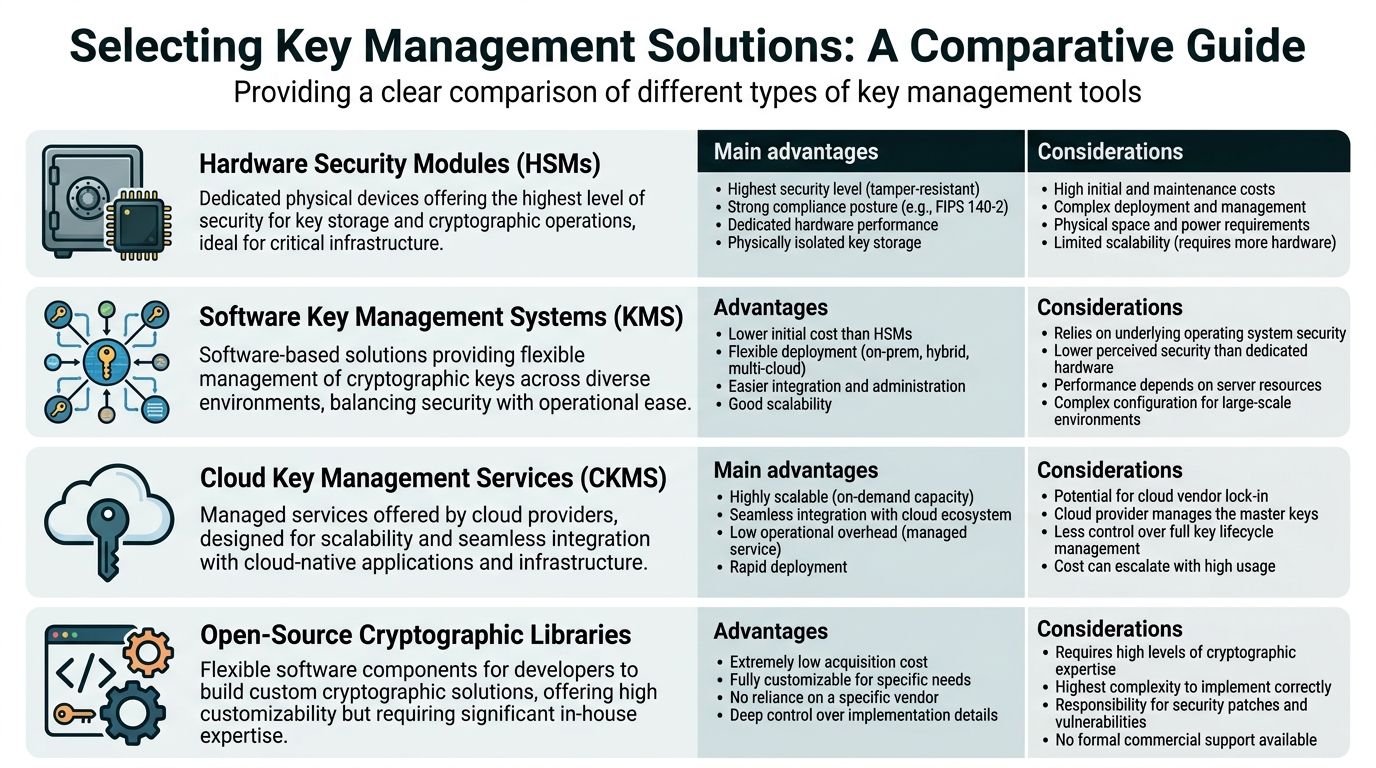 A comparison chart outlining different types of cryptographic key management solutions including HSMs, KMS, CKMS, and open-source libraries.