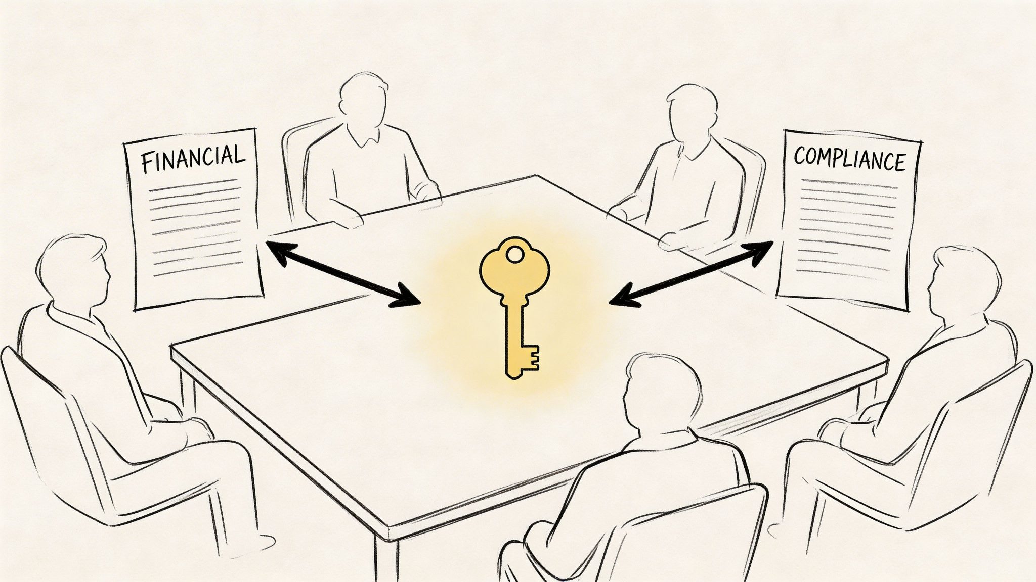 Four people sitting around a boardroom table focusing on a central golden key symbol between two documents.