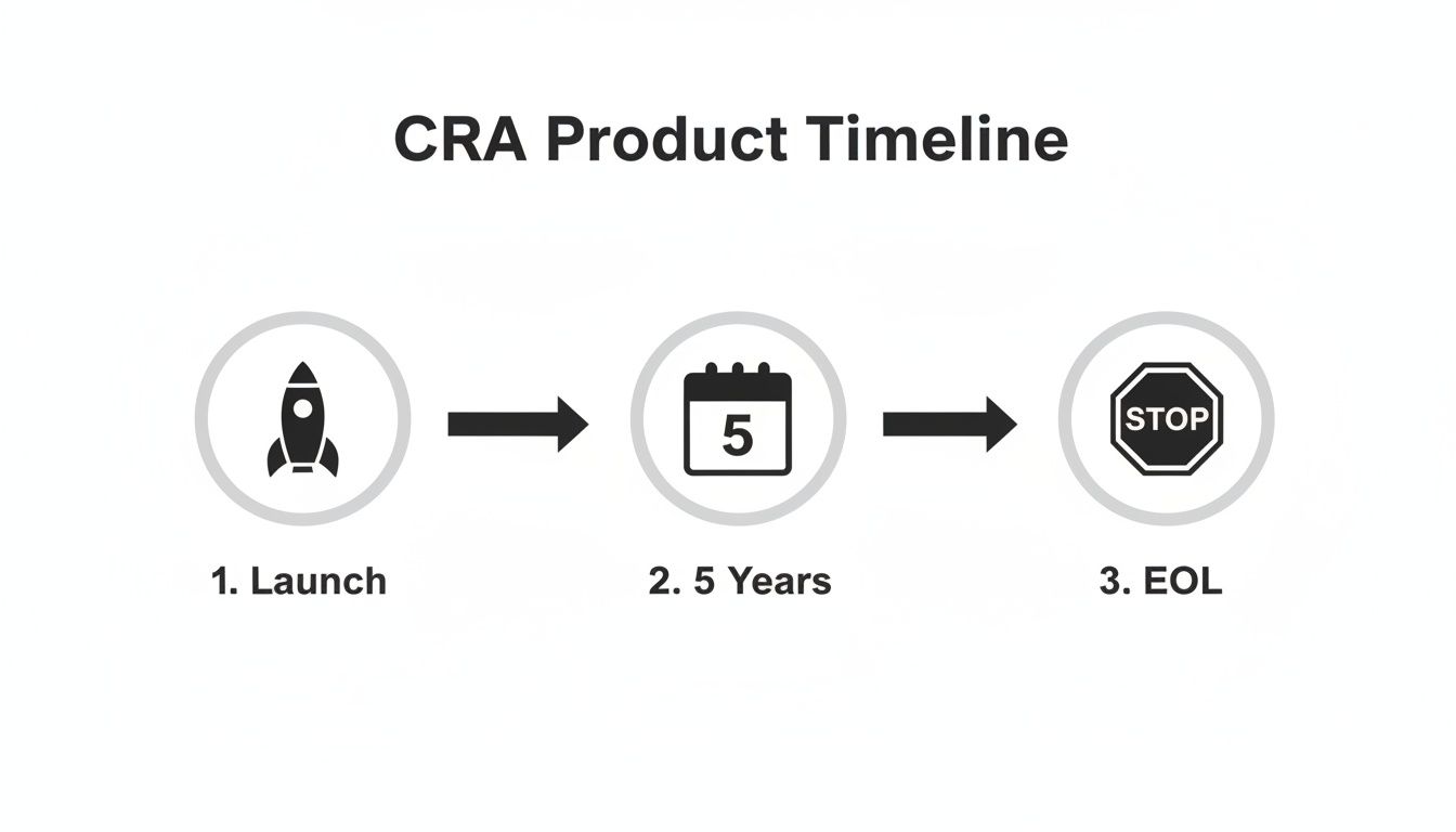 Timeline illustrating the CRA product lifecycle with stages: Launch, 5 Years of service, and End of Life.