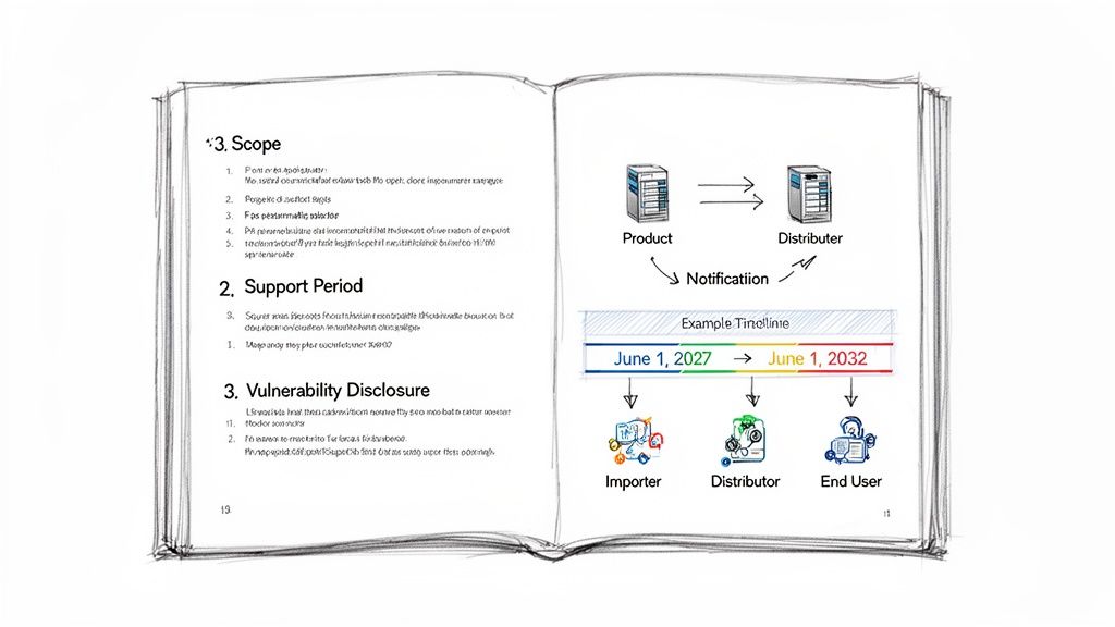 A policy document outlining scope, support period, and vulnerability disclosure with a product distribution timeline diagram.