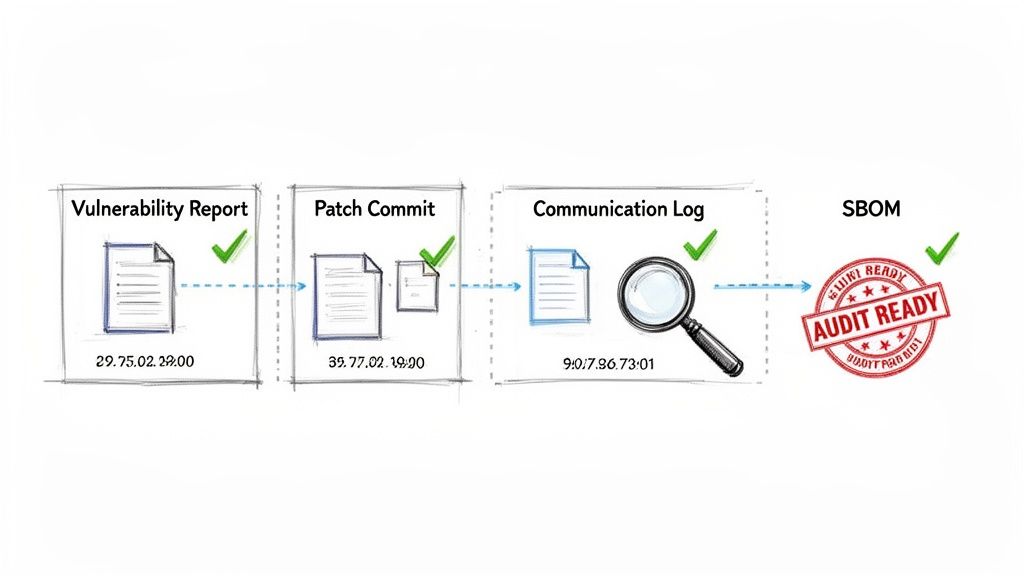 Visualizing the security update policy workflow, from vulnerability reports to an audit-ready SBOM.