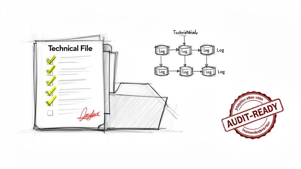 A sketch showing a technical file with checkmarks, a log process diagram, and an 'AUDIT-READY' stamp.