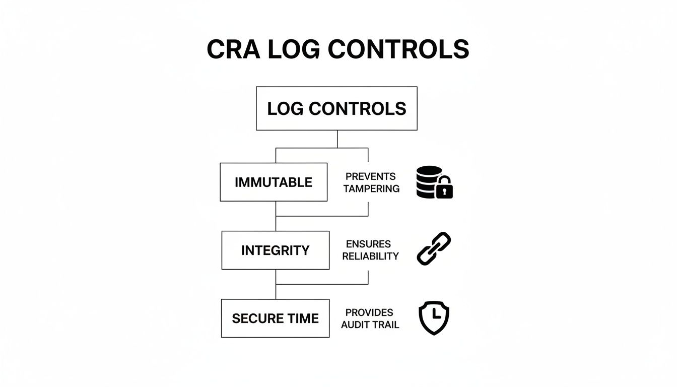 Flowchart illustrating CRA log controls: Immutable for tamper prevention, Integrity for reliability, and Secure Time for audit trails.