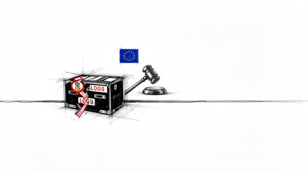 A sketch showing a black box labeled "LOGS" with a padlock seal, a gavel, and an EU flag.