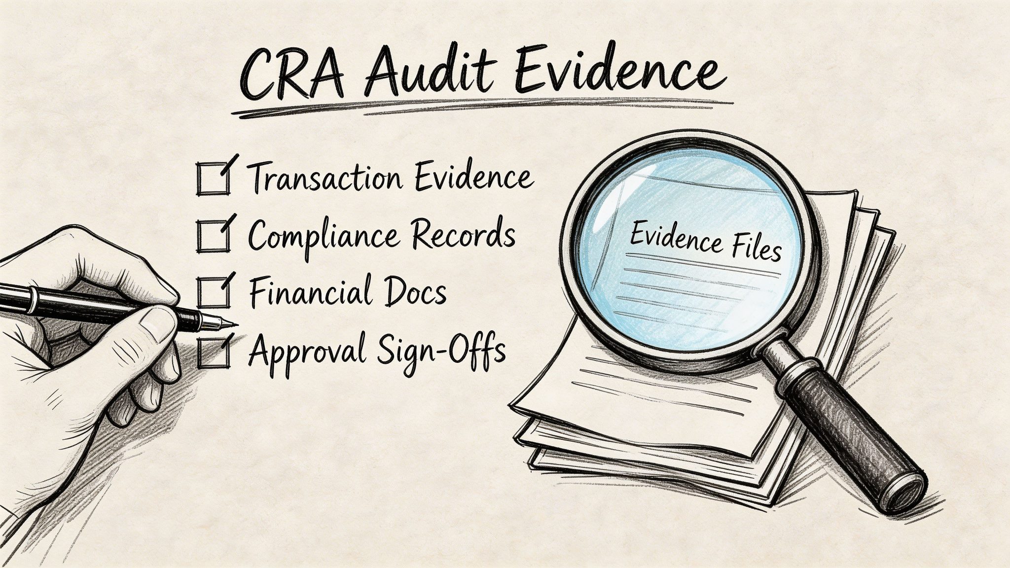 A hand checking items on a CRA Audit Evidence checklist next to a magnifying glass over documents.