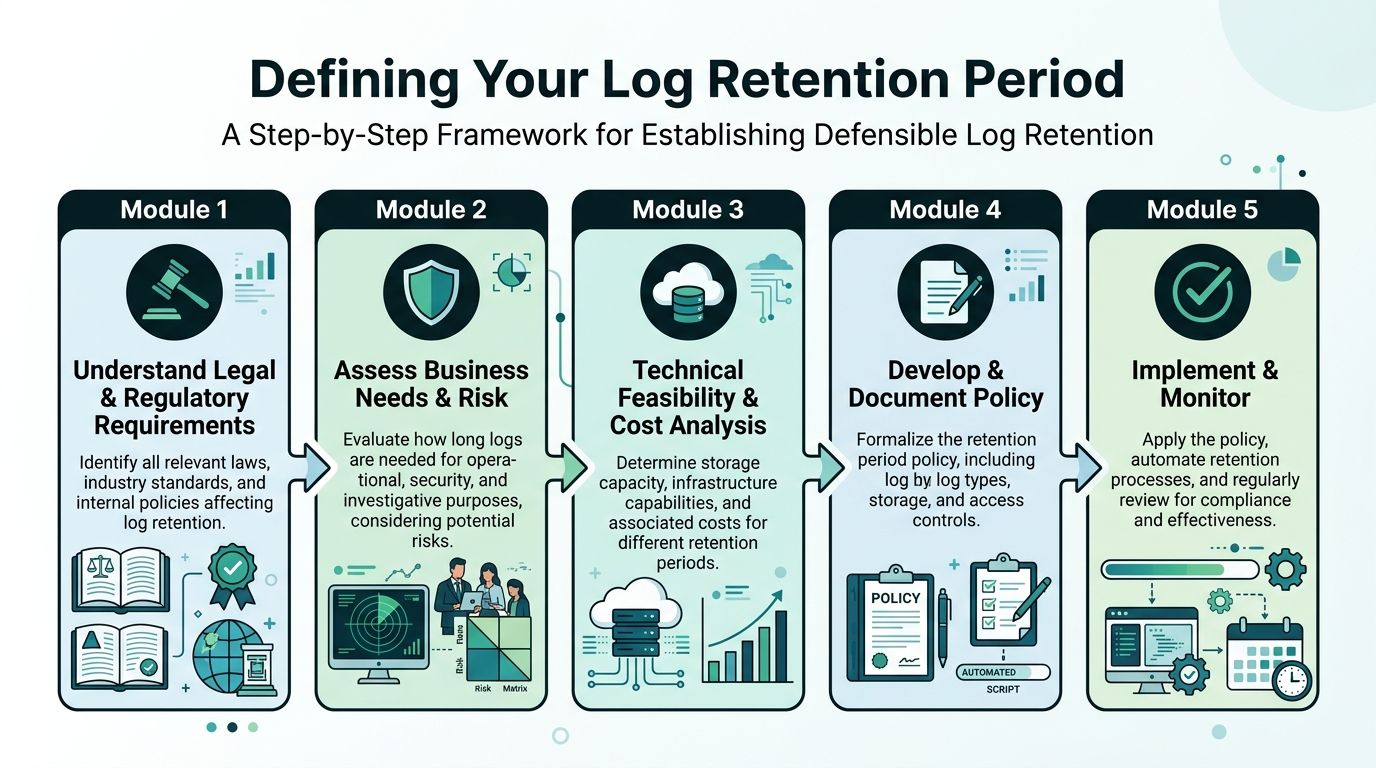 An infographic showing a five-module framework for establishing defensible log retention periods for organizational compliance and security.