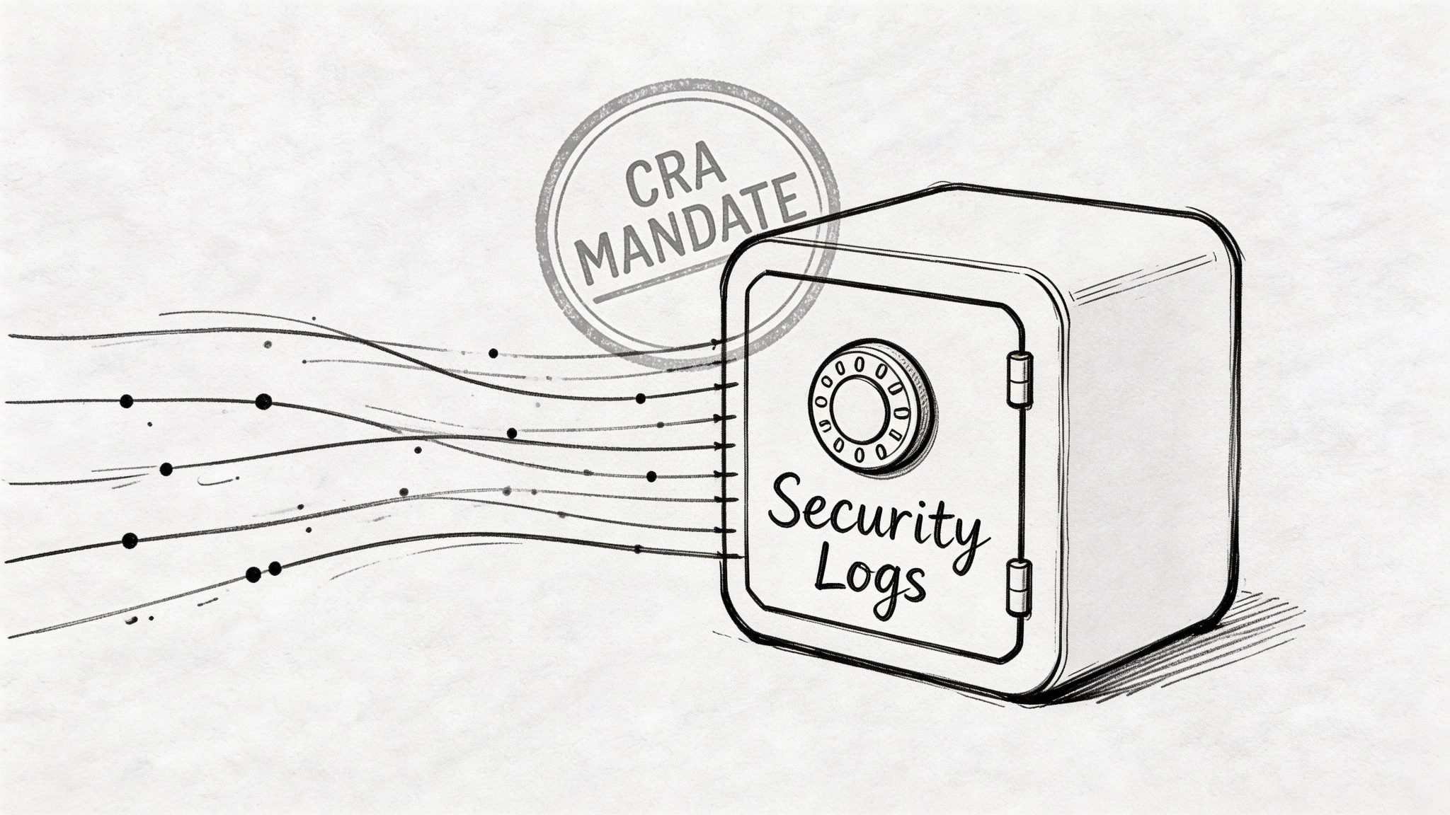 A line art drawing showing data flowing into a vault labeled Security Logs, under a CRA Mandate stamp.