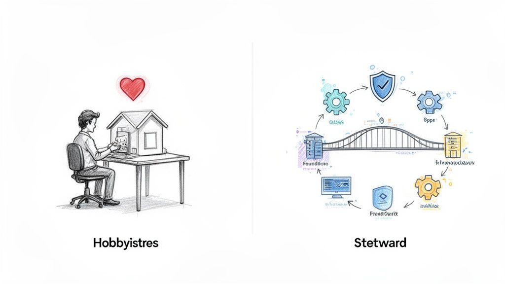 Illustration comparing a hobbyist working at home with a heart, and a complex system showing open-source stewardship.