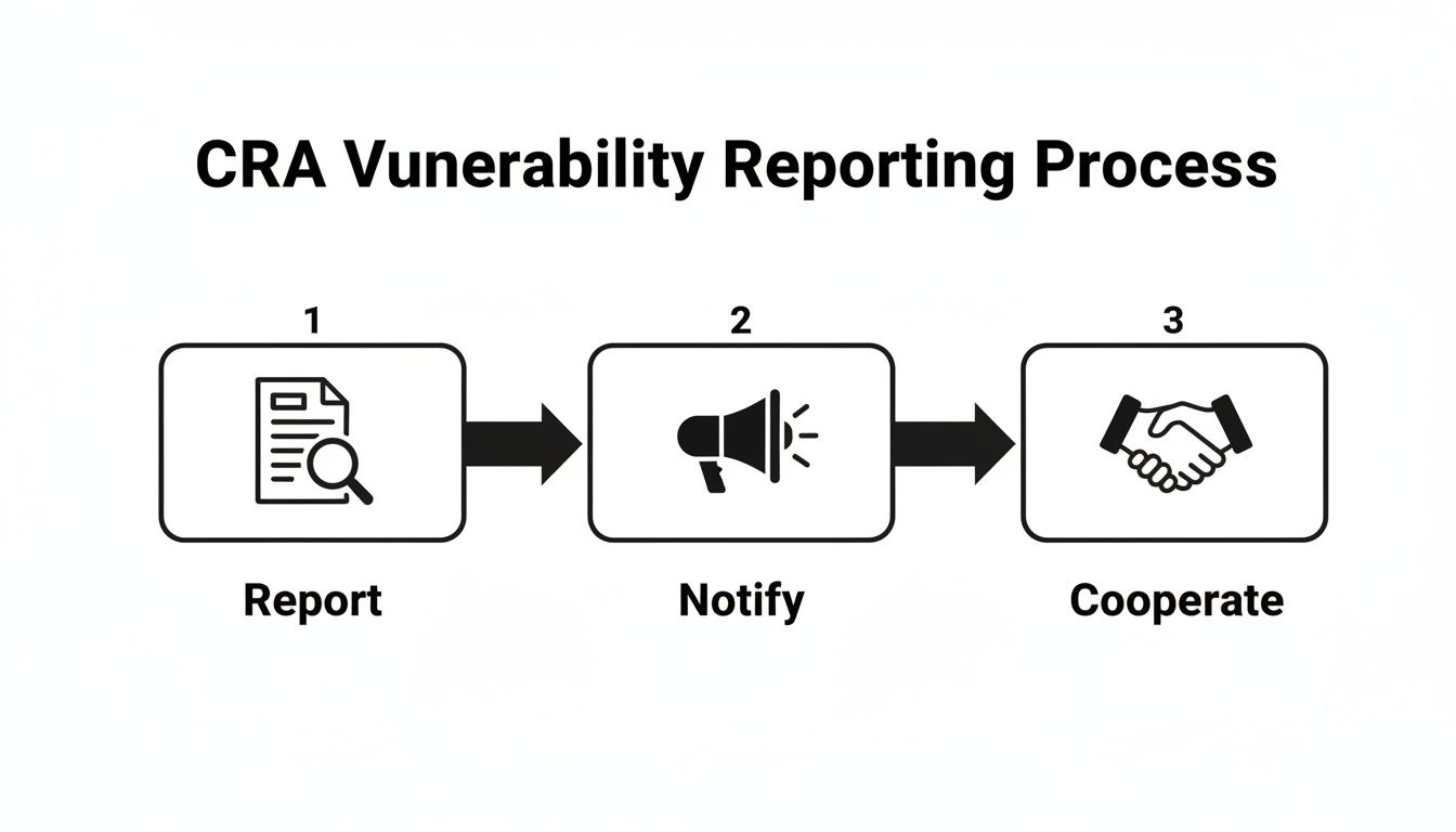 A diagram illustrating the CRA Vulnerability Reporting Process with three sequential steps: Report, Notify, and Cooperate.