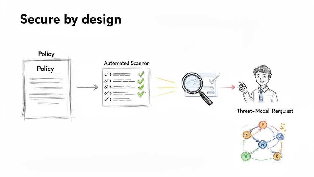 Diagram showing a secure by design process, from policy scanning to threat model requests.