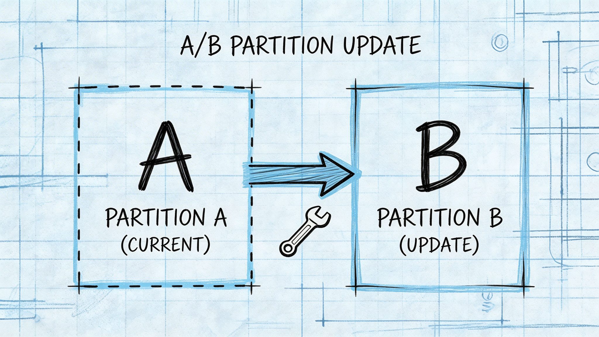 A diagram illustrating the A/B partition update process showing a transition from current partition A to updated partition B.