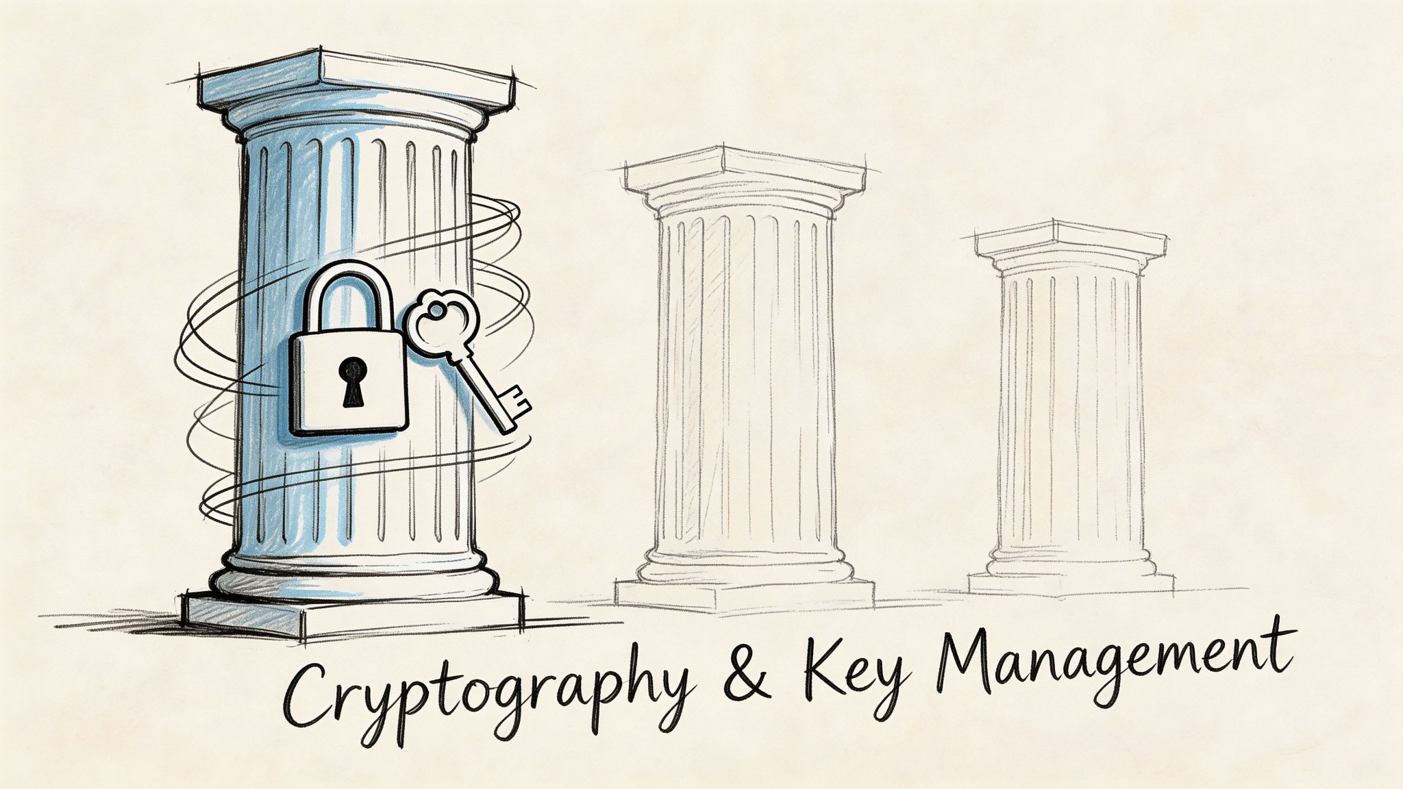 A digital illustration showing a classical pillar with a padlock and key, symbolizing cryptography and security.