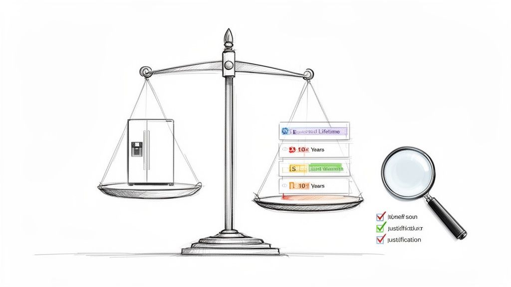A balance scale weighs a refrigerator against stacked labels of 'lifetime' and 'years', symbolizing support periods.